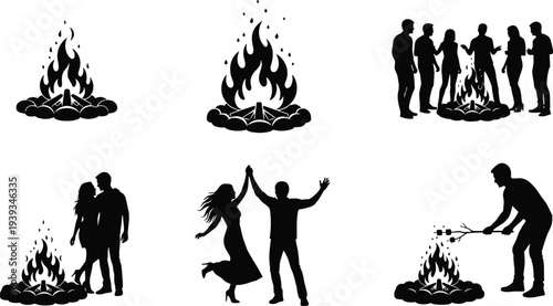 Campfire silhouette vector set, outdoor scenes with people, flames, and activities for camping, leisure, friendship, and nature-themed designCampfire silhouette vector set