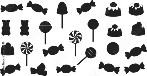 Candy silhouette grid collection, assorted sweets and treats icons, black and white vector design, cad drawing flat vector illustration