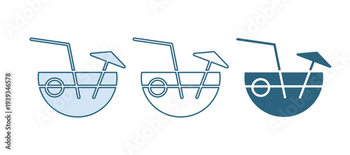 Blue Coconut juice exotic fresh cocktail and umbrella icon isolated on white background. Vector