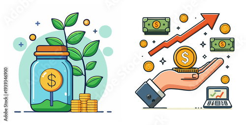 Professional collection of financial analytics, global economic trends, business growth charts, and creative team collaboration concepts