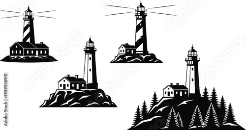 PrintBlack and white lighthouse silhouette vector set with coastal cottage buildings on rocky islands for nautical logo design and maritime illustrations