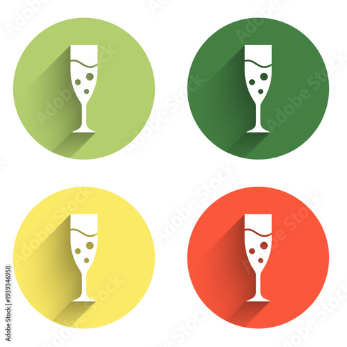 Set Glass of champagne icon isolated with long shadow background. Color circle button. Vector