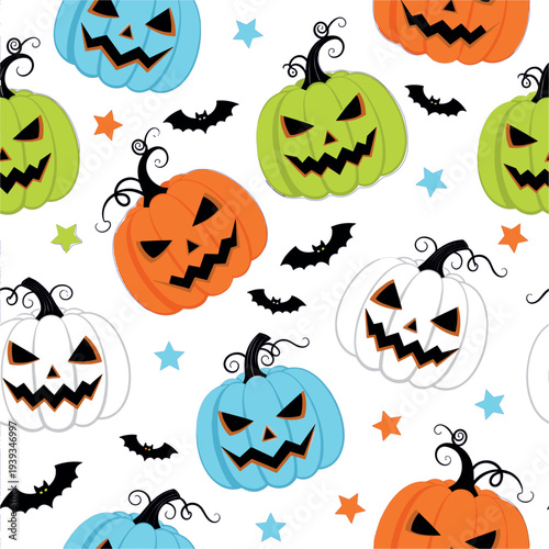 Halloween Pumpkin Seamless Pattern with Jack O Lantern Bats and Stars Colorful Spooky Holiday Vector Illustration