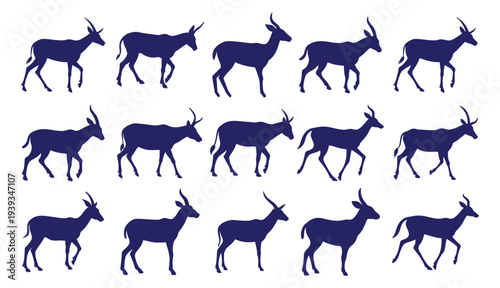 Multiple Silhouettes of Antelopes Walking in Different Poses Against a White Background