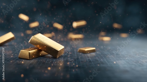 Shiny Gold Bars Falling on a Dark Background with Sparkling Dust Particles