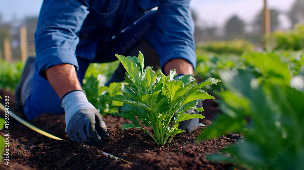 Fototapeta premium Close-up shot from low angle of gardener kneeling in a plant nursery, hands delicately clipping excess branches from a young tree sapling, fine veins visible on bright leaves, wate