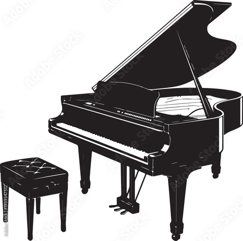 Elegant black grand piano with matching stool in a classic design