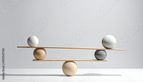 3D render of a wooden plank balancing on a white sphere. Three small white orbs on the left side counterweight a single large gold sphere on the right. Minimalist, soft shadows, studio lighting.
