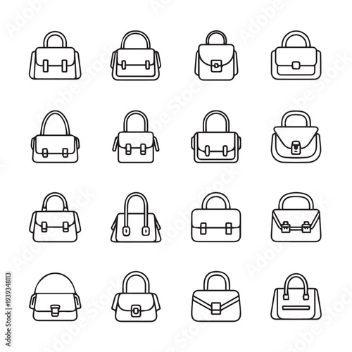 Handbag Icons Set Various Styles Outline Vector Art Isolated on White Background