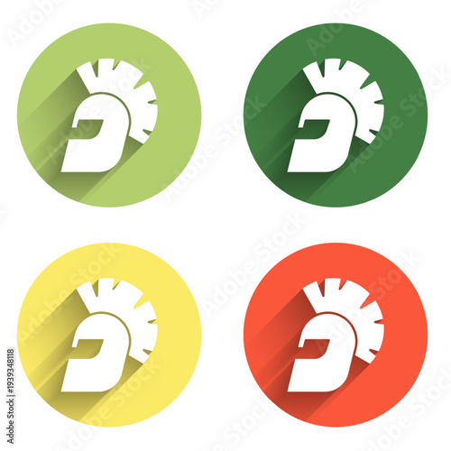 Set Greek helmet icon isolated with long shadow background. Antiques helmet for head protection soldiers with a crest of feathers or horsehair. Color circle button. Vector