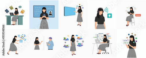 Flat Design Detailed Woman with Digital Technology Learning Education Concept Set