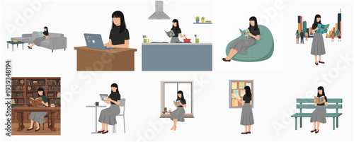 Simple Flat Illustration of a Woman Reading Book in Various Scenes