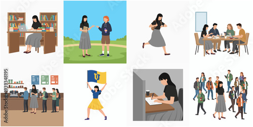 Flat Design Diverse People Character Illustration Set for Various Activities