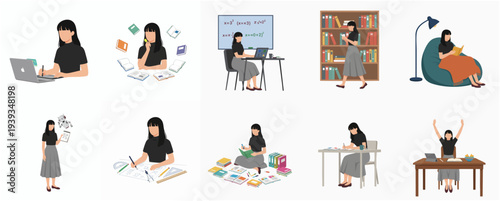 Flat Illustration Set Various Activity Young Woman Working and Study Lifestyle