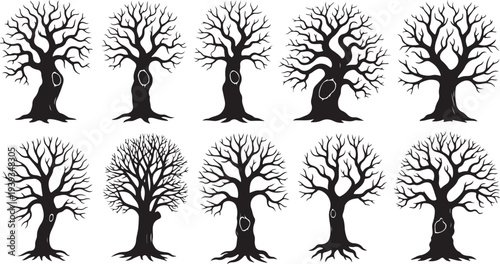 Set of bare winter trees in black and white minimalist style vector illustration flat design