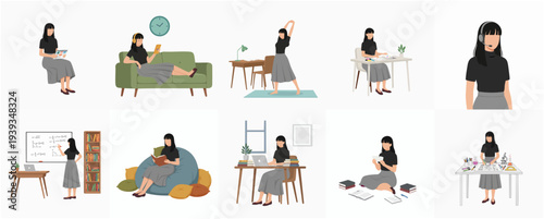 Flat Illustration Set Of Woman Engaged In Different Activities At Home
