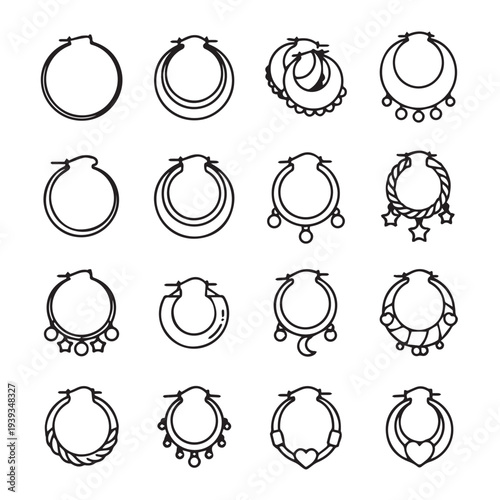 Collection of Hoop Earrings Line Art Icons with Charms and Details