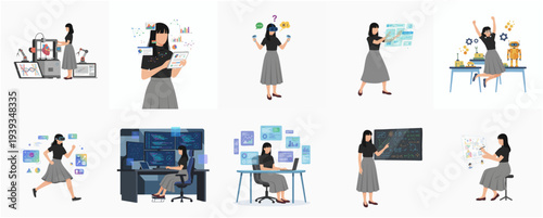 Flat Style Woman Coding and Engineering Diverse Scenes Illustration Set