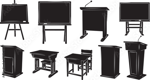 Set of black wooden podiums and easels isolated vector illustration flat design scalable art
