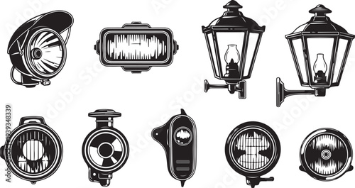 Set of vintage car headlights and street lamps vector illustration black and white flat design