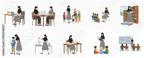 Collection of Flat Style Teacher in Various Classroom Activities Illustration