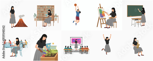 Minimalist Illustration of Woman in Different Scenarios of Life Activities