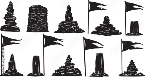 Stacked black stones balance zen meditation vector illustration flat design minimalist art
