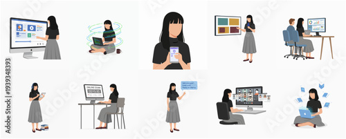 Flat Style Various Woman Using Technology Devices Business Illustration Asset