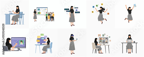 Flat Style Different Scenes of Business Woman Doing Various Activities Illustration