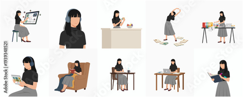 Minimalist Flat Illustration of a Woman in Various Activities Clipart Set