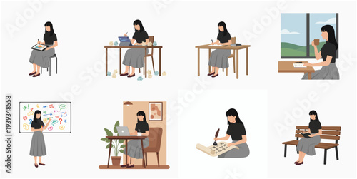 Modern Flat Illustration Set of Woman Working and Relaxing Activities