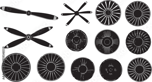 Collection of various airplane and jet turbine engines in black and white flat design vector illustration