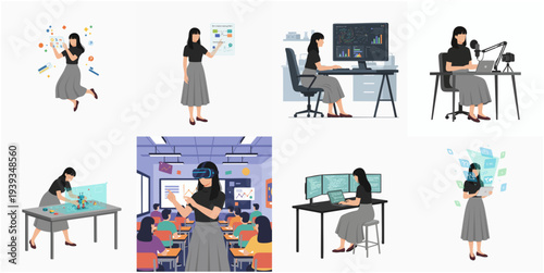 Flat Style Young Woman Using Modern Technology Devices Illustration Set