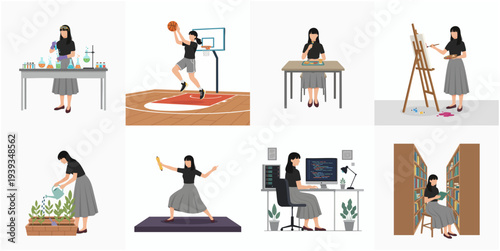 Flat Illustration Woman Doing Various Activities and Hobbies Character Design