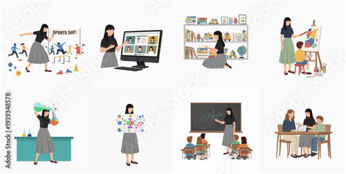Flat Style Teacher Illustration Set Presenting Various Activities Profession Career