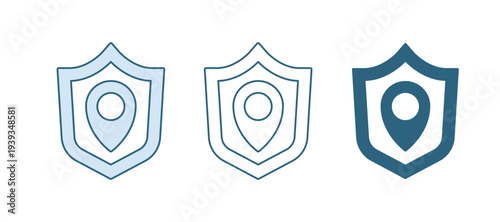 Blue Location shield icon isolated on white background. Insurance concept. Guard sign. Security, safety, protection, privacy concept. Vector
