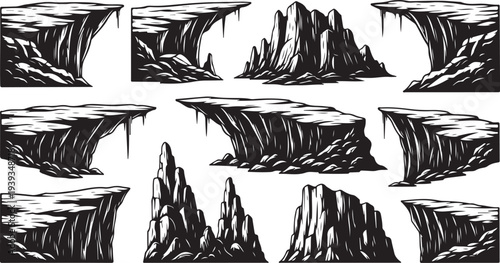 Abstract mountain peaks and cliffs in dynamic black and white line art vector illustration