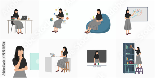 Flat Style Diverse Woman Character Doing Daily Activities Illustration Set