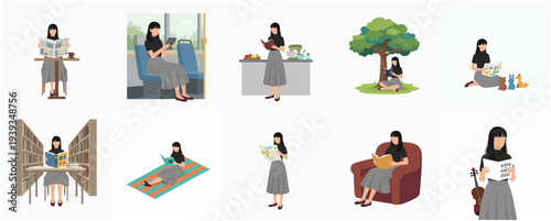Simple Flat Illustration Collection Woman Reading Book in Different Situations
