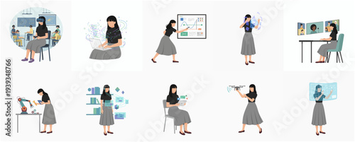 Flat Illustration Woman in Various High Tech and Future Professions Set