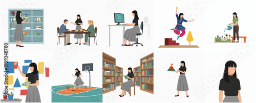 Flat Style Illustration of Diverse Young Woman Activities in Various Settings