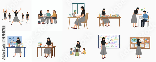 Minimalist Illustration Woman in Various Activities Concept with Work and Life