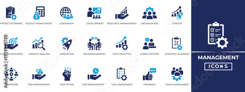 Management solid icon set. Containing growth chart, management, motivation, network, teamwork, data analysis and more. Solid vector icons collection.