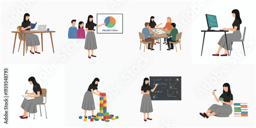 Flat Illustration Woman Teacher Teaching and Learning Activity Character Illustration Set
