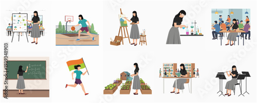 Flat Design Woman Doing Various Activity Teaching and Doing Arts Illustration