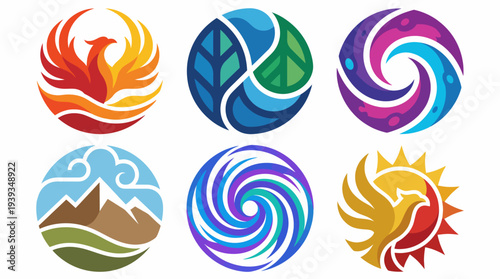 This image features six colorful logos symbolizing various elements such as fire, earth, and water, each designed in a modern, artistic style to evoke emotion and harmony.