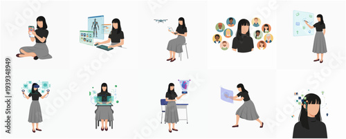 Flat Simple Style Woman Using Technology Devices and Applications Illustration