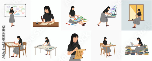 Flat Design Woman Illustration Set Doing Various Creative Activities and Work