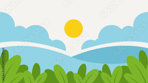 This cheerful landscape portrays a bright sun rising above stylized clouds and green vegetation, representing optimism and nature's beauty, ideal for health and wellness brands.