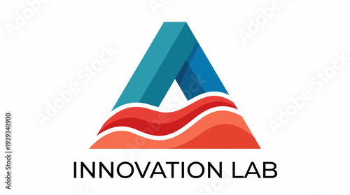 A modern logo featuring stylized mountains and waves in vibrant colors, representing innovation and exploration, suitable for tech and creative industries focused on progress.